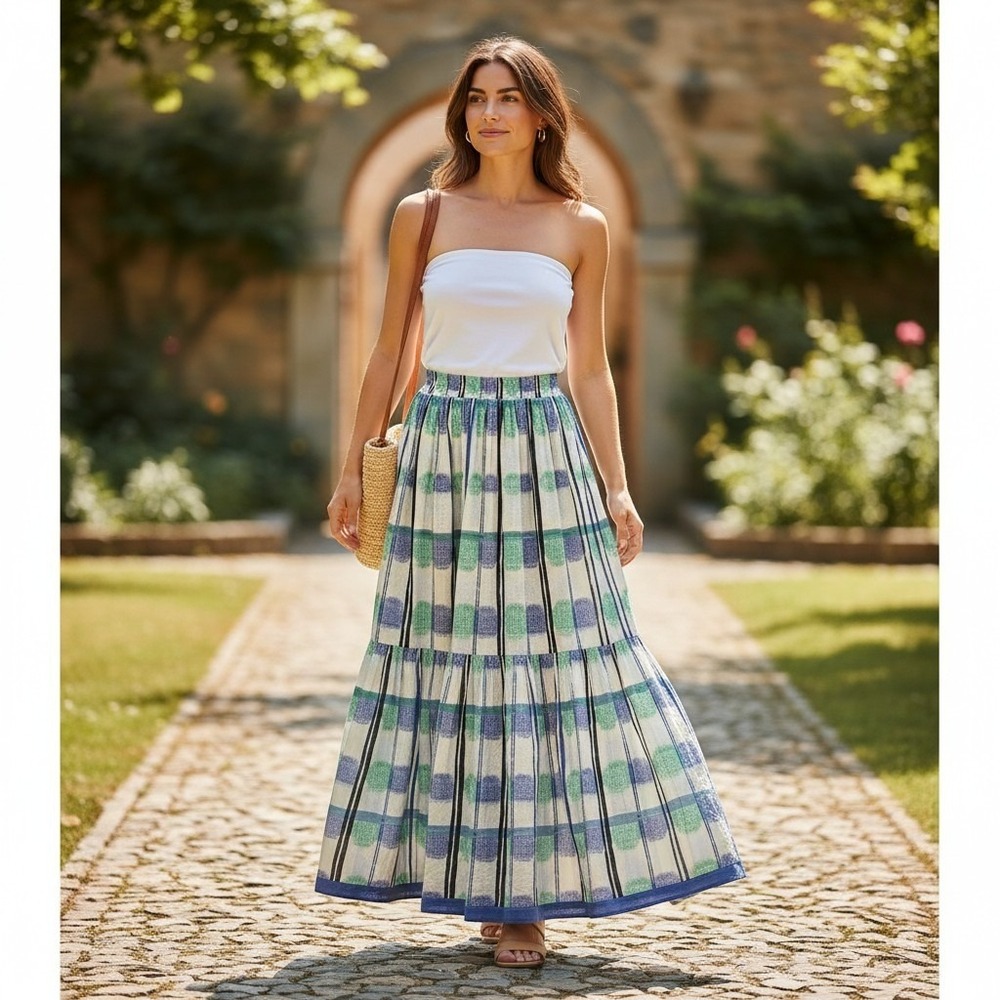 Ros Garden Blue Mapusa Frilly Skirt Tiered Cotton Midi Blue Green NWT XS